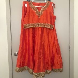 Orange Lehenga with gold beading & gold scarf